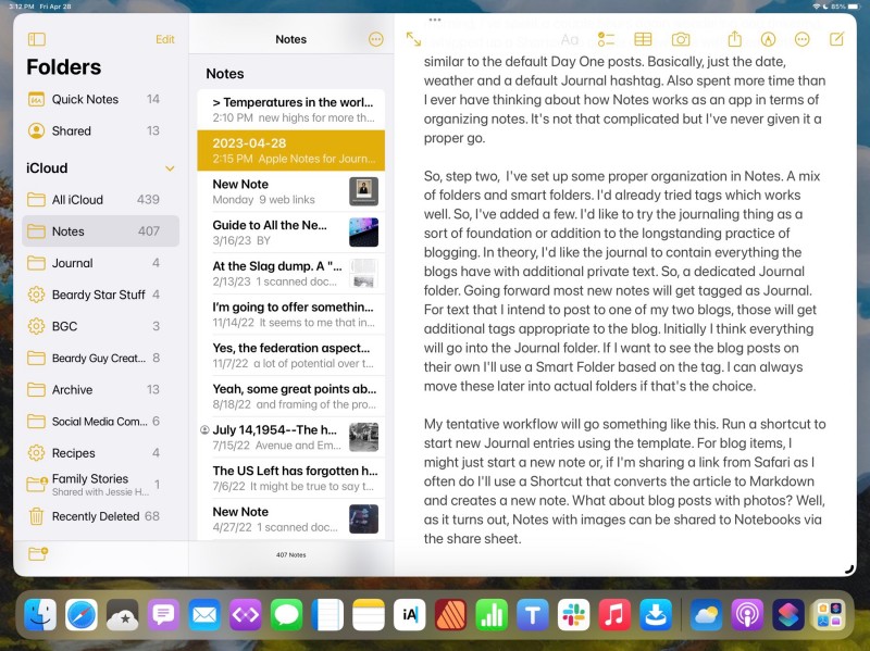 A screenshot of the Apple Notes app on an iPad. The window is nearly full screen with 3 columns.