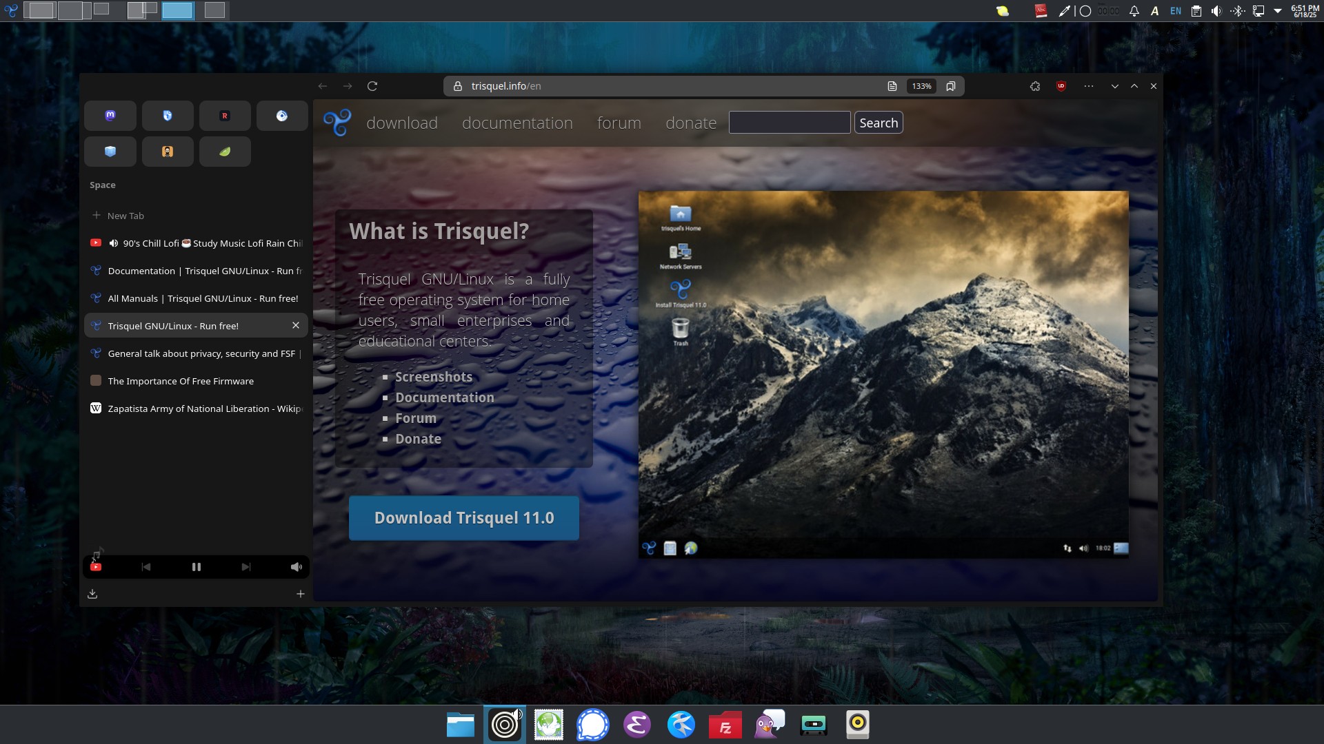 A screenshot showing the Abrowser open to the trisquel website