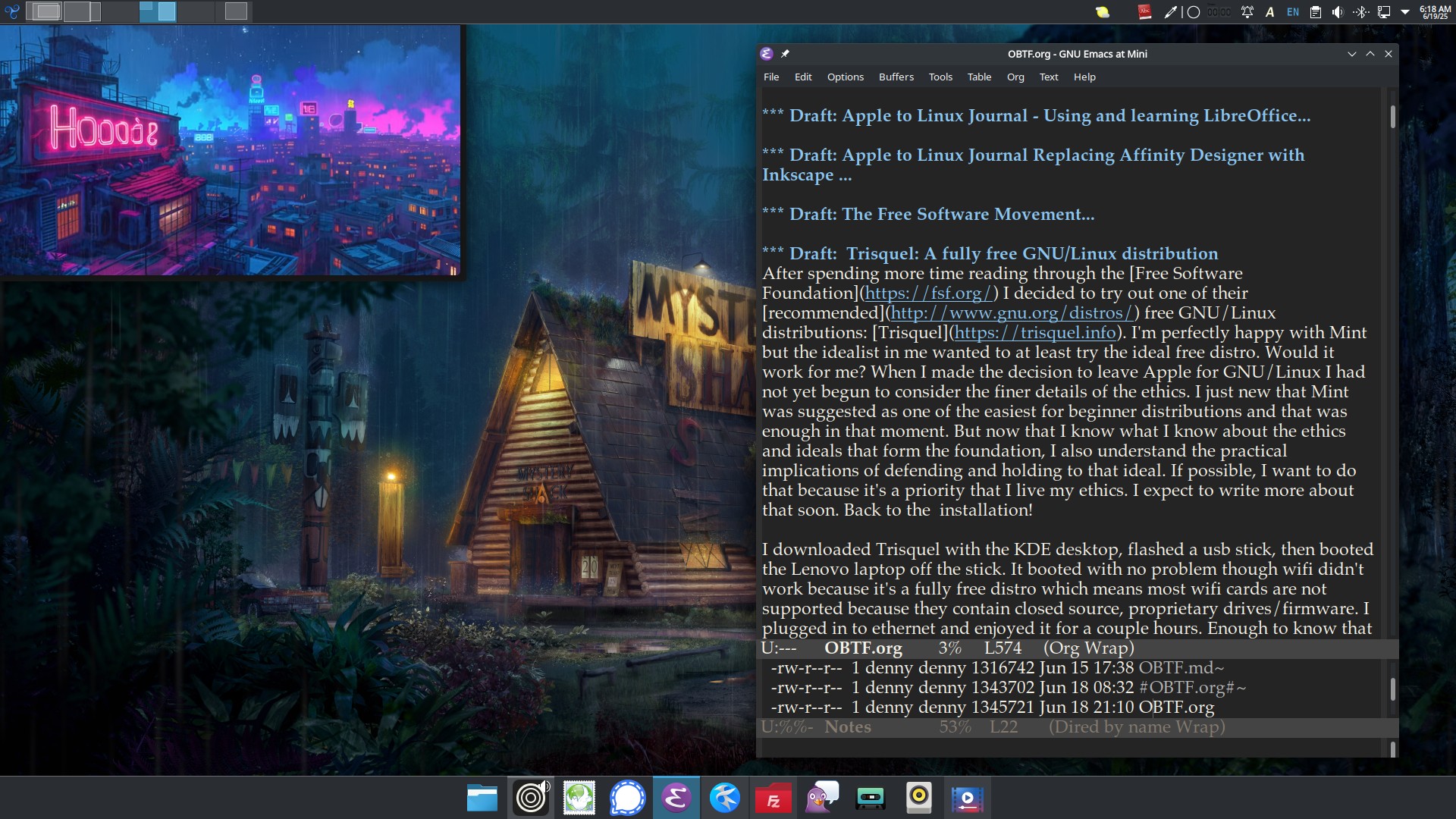 A screenshot with a small web browser window in the top left of the screen and an Emacs window being used to edit text. The wallpaper of the computer is a painting/illustration of a rainy woodland with a large A-Frame style cabin
