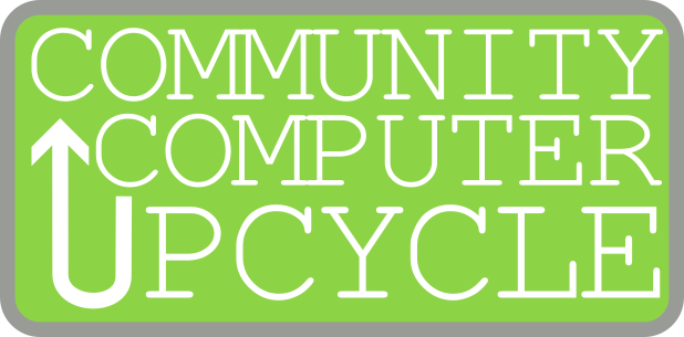 A green rectangle logo with white text that reads: Community Computer Upcycle.