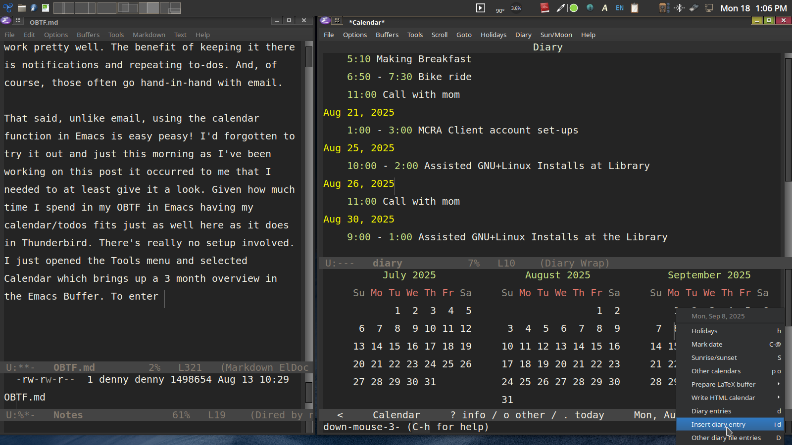 A screenshot of the Emacs application with two open frames. On the left is a markdown document. On the right a multi-month calendar with a diary entry showing dates and text below it.