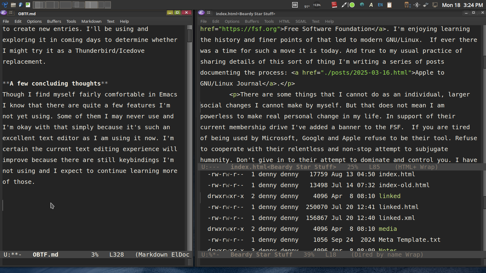 A screenshot of the Emacs application with two open frames. On the left is an markdown text document and on the right is a frame split horizontally with an html document on top and a directory browser below it.