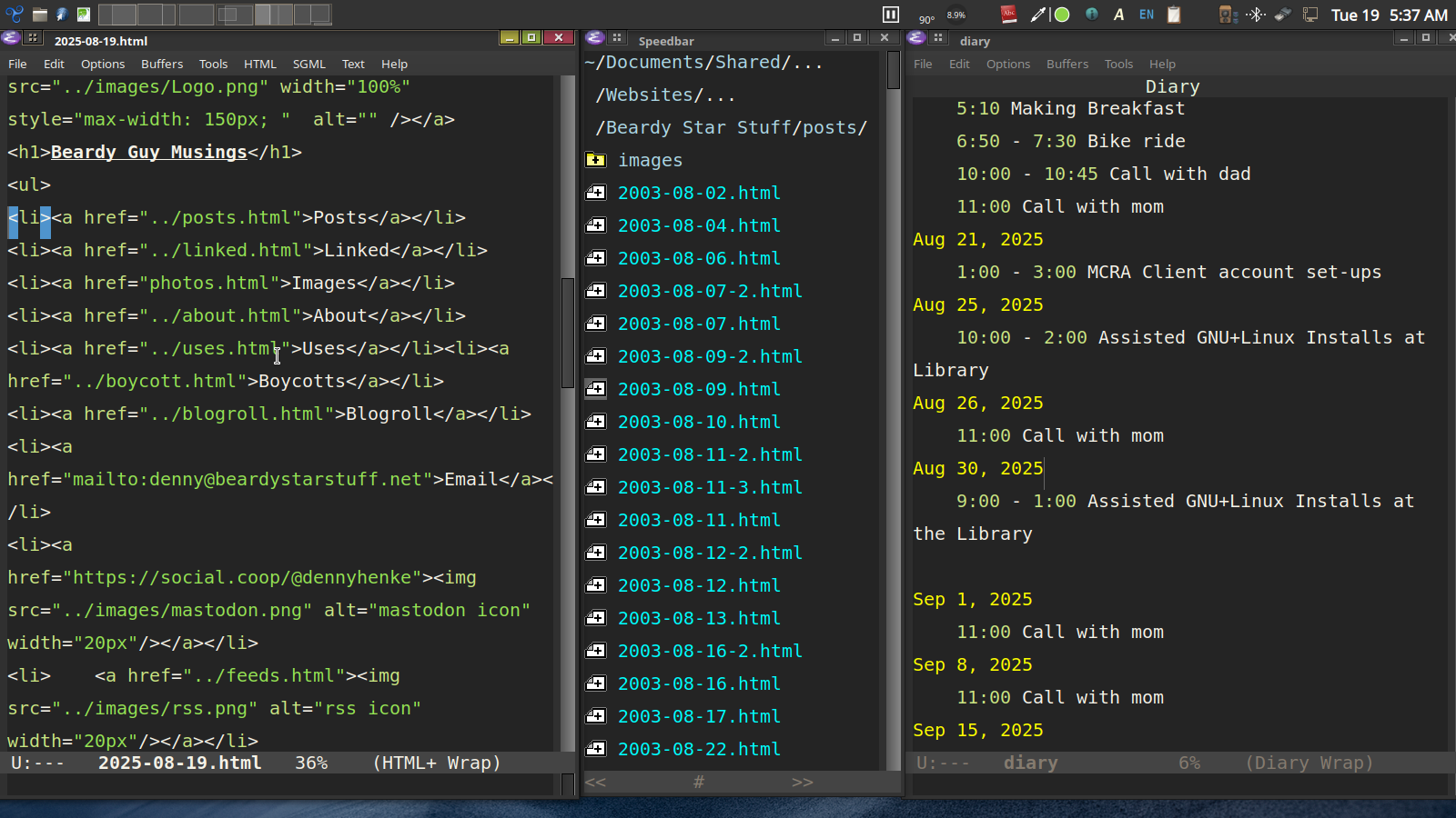 A screenshot of the Emacs application with three open frames. On the left is an html code document, in the center is a narrow pane displaying documents in a folder and on the right is a Diary entry showing dates.
