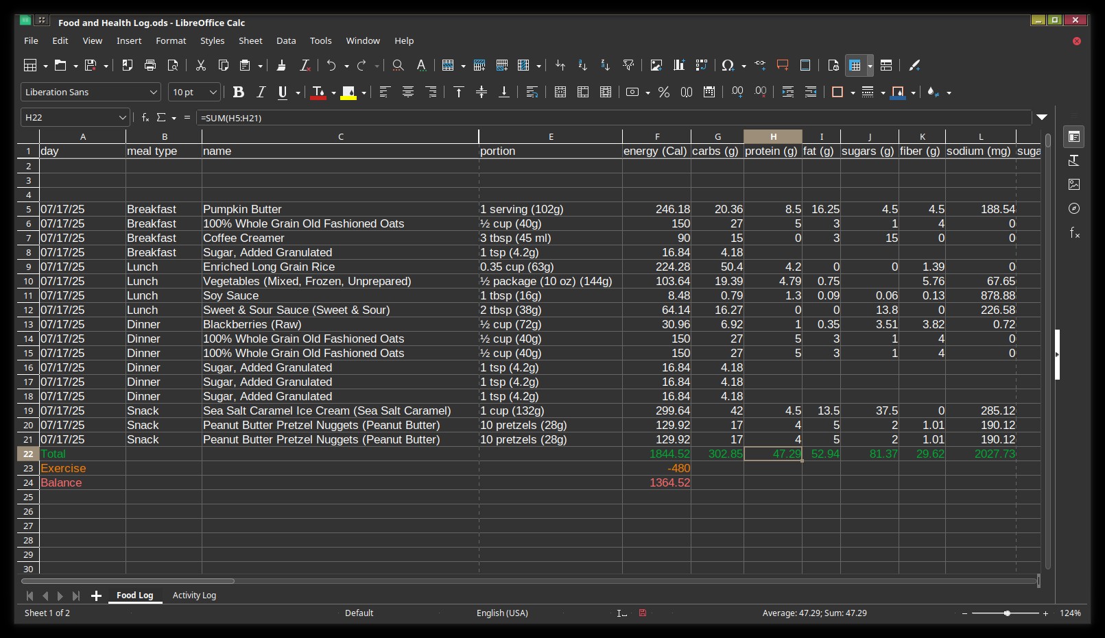 A screenshot of the LibreOffice Calc app displaying a spreadsheet with columns and rows of food nutrtion data