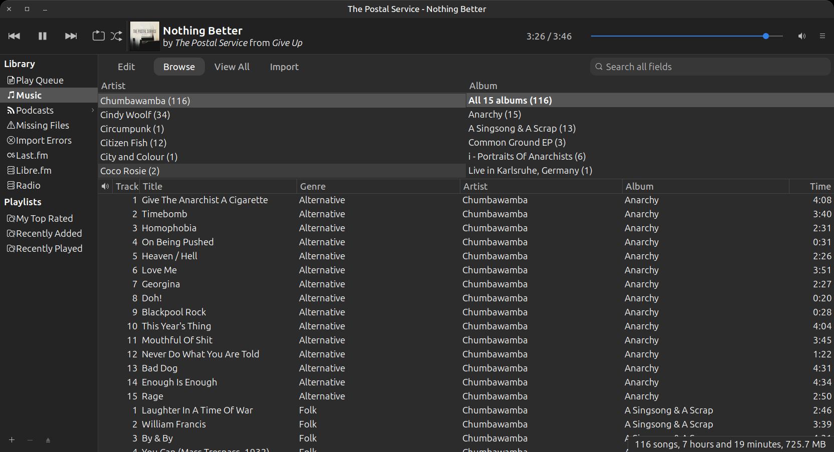A screenshot of the Rhythmbox app on Linux showing multiple columns for browsing and playing a music collection