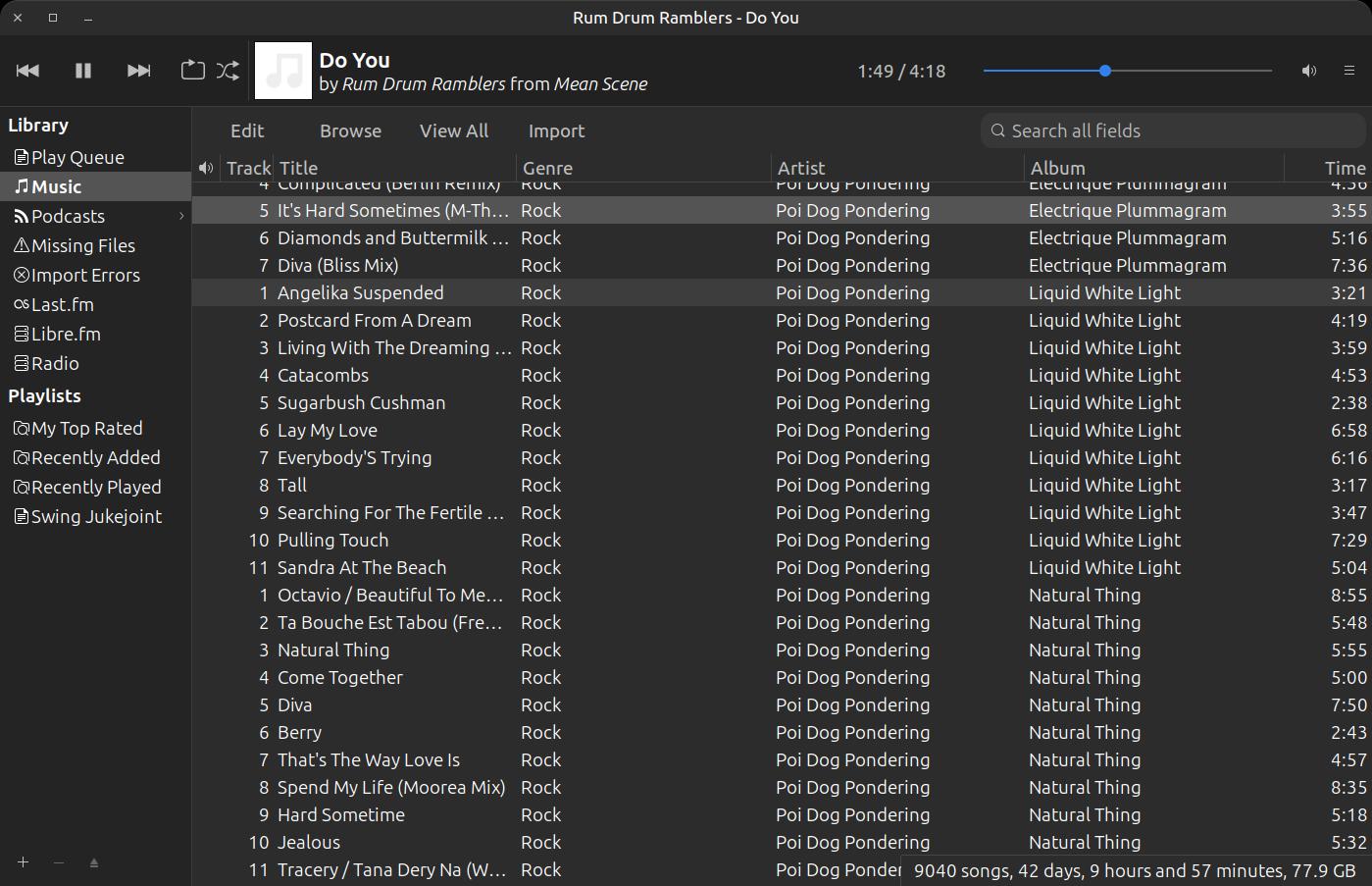 A screenshot of the Rhythmbox app on Linux showing multiple columns in a list browsing and playing a music collection