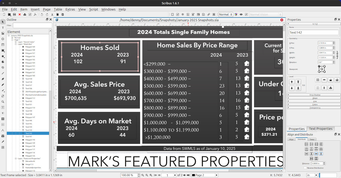 A screenshot of the Scribus app with a document open and docked panels on both the left and right side.