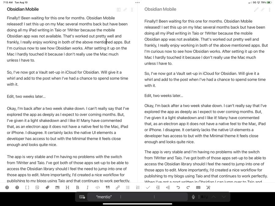 A screenshot of the Obsidian mobile app on an ipad