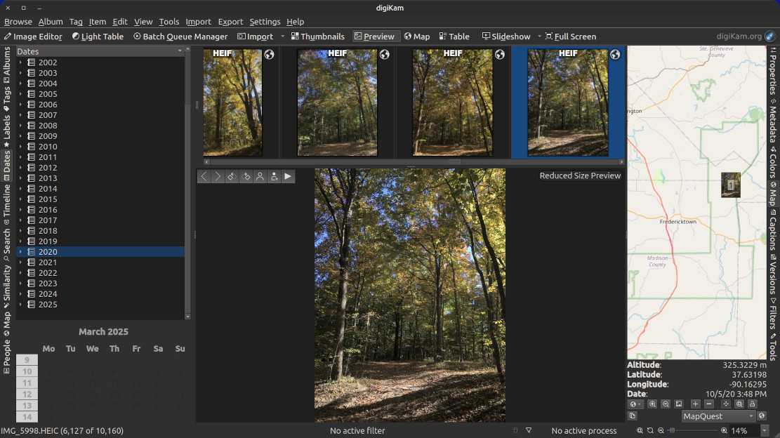 A screenshot of the digiKam app showing the dates browser on the left side panel of the application. The center portion of the application window shows large thumbnails of images and the map location of the photo in right side panel of the window.